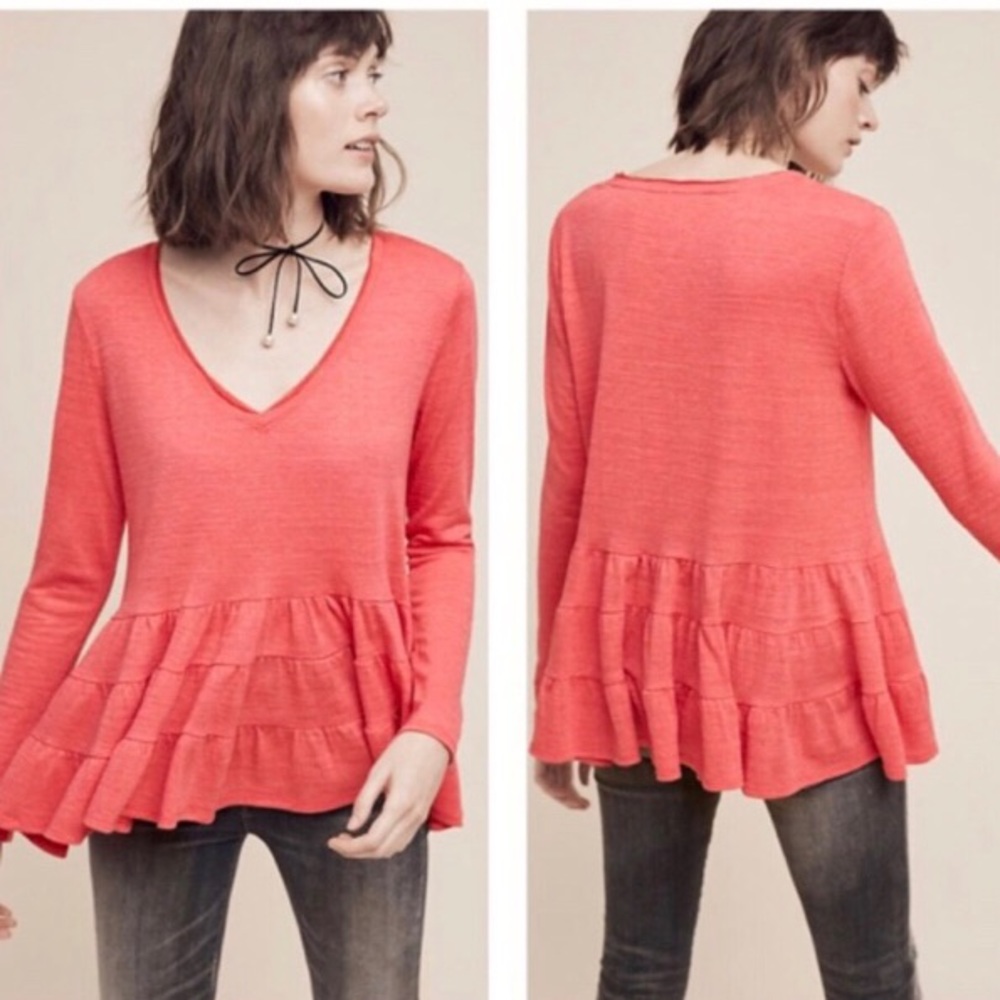 Anthropologie | Deep Coral Peplum Top